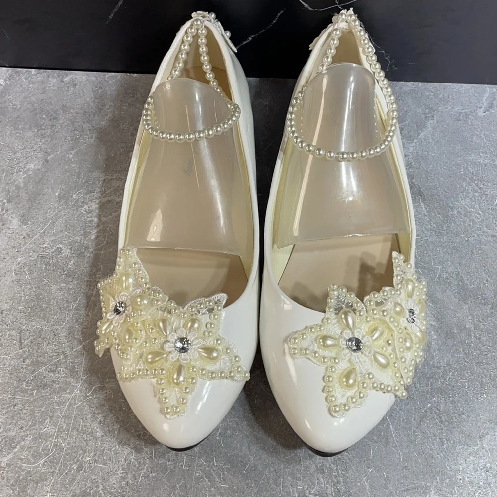 Getmorebeauty Pearl Bows Bridal Flats White Size 9.5m - Picture 6 of 8